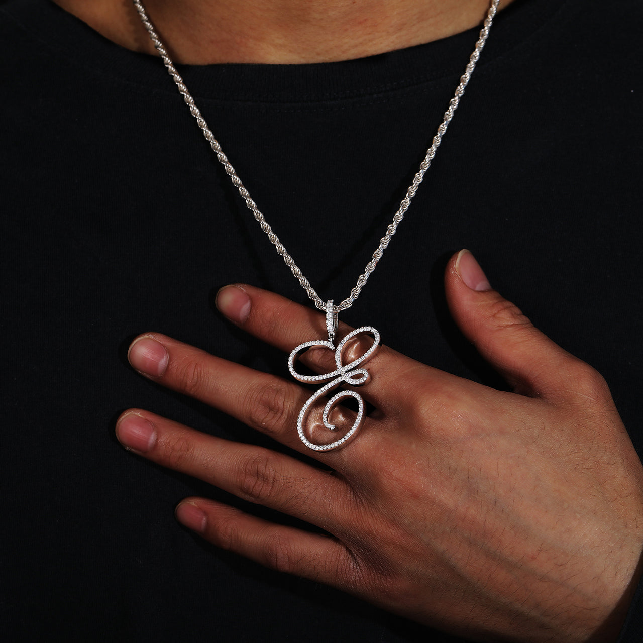 MOISSANITE DIAMOND CURSIVE INITIAL LETTER CHARM PENDANT NECKLACE IN STERLING SILVER