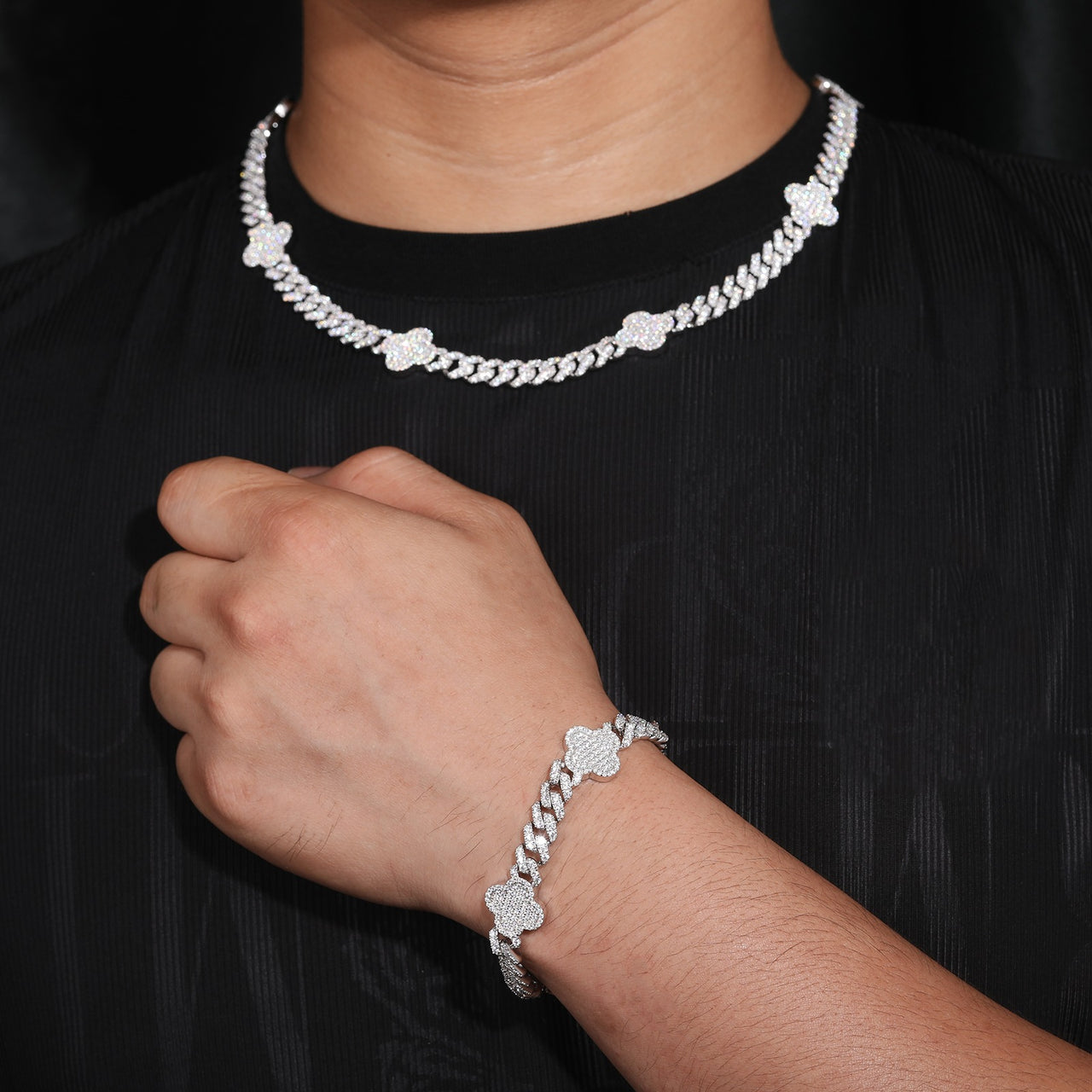 MOISSANITE DIAMOND LUCKY FOUR LEAF CLOVER CUBAN LINK NECKLACE OR BRACELET IN STERLING SILVER - IVORY & EBONY