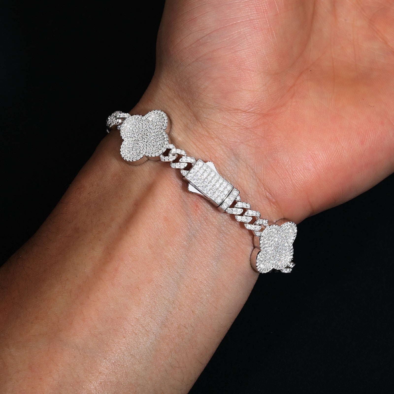 MOISSANITE DIAMOND LUCKY FOUR LEAF CLOVER CUBAN LINK NECKLACE OR BRACELET IN STERLING SILVER - IVORY & EBONY
