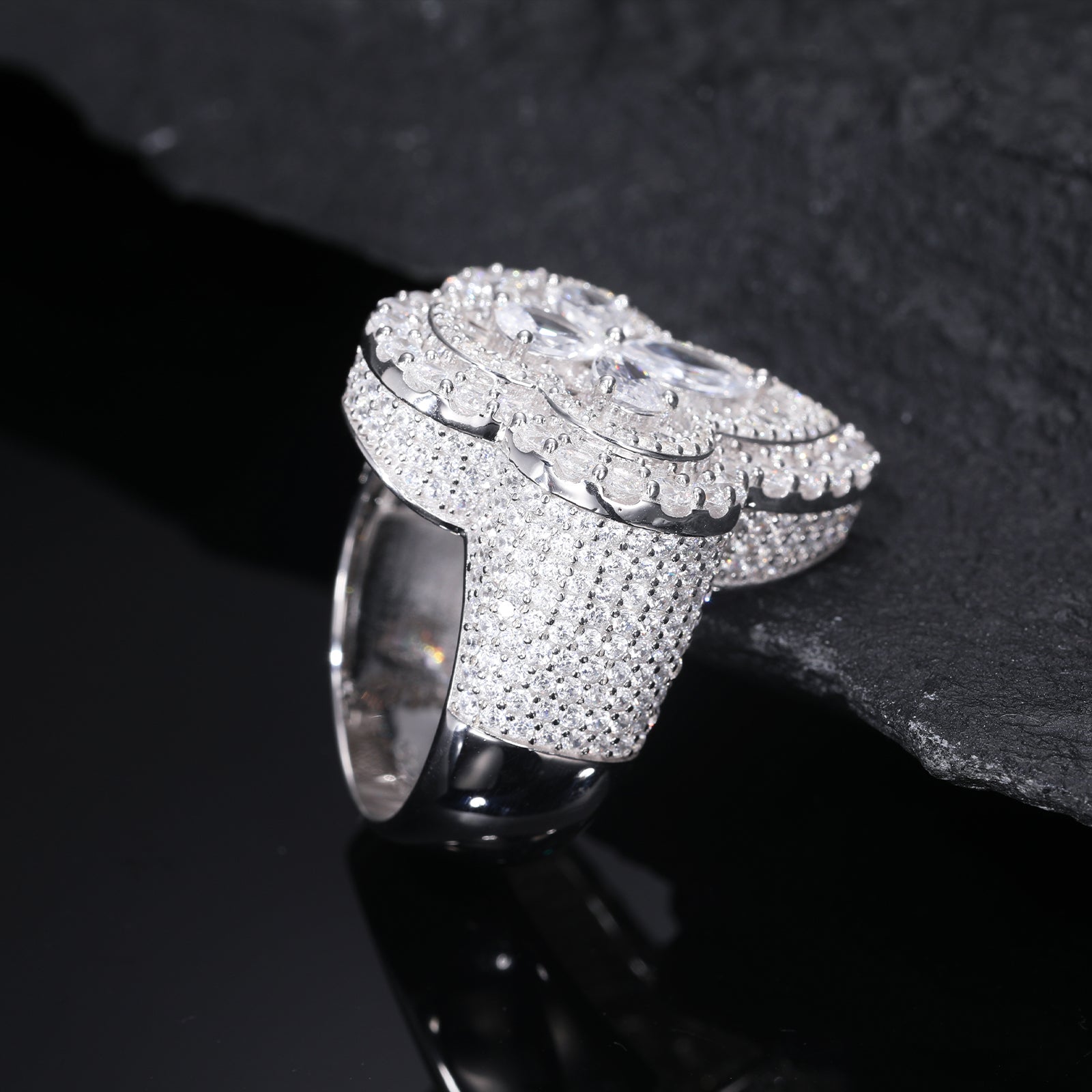 MOISSANITE DIAMOND PEAR CUT CLOVER RING IN STERLING SILVER - IVORY & EBONY