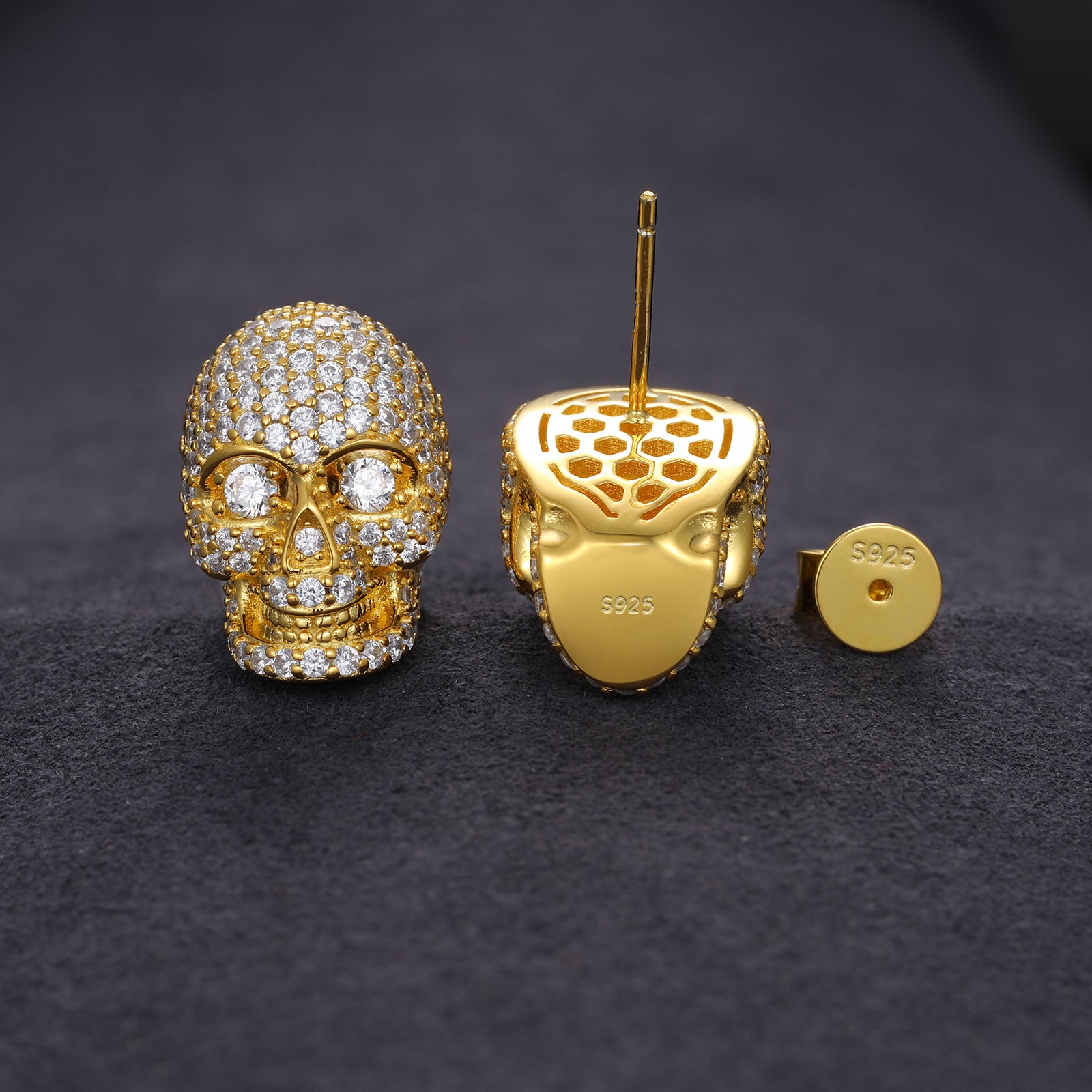 MOISSANITE DIAMONDS ICED OUT SKULL STUD EARRINGS IN STERLING SILVER - IVORY & EBONY