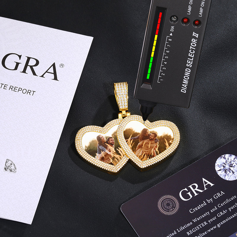 MOISSANITE DIAMOND DOUBLE HEART CUSTOM PHOTO PENDANT IN STERLING SILVER - IVORY & EBONY