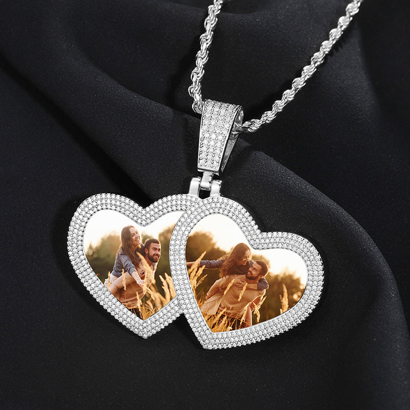 MOISSANITE DIAMOND DOUBLE HEART CUSTOM PHOTO PENDANT IN STERLING SILVER - IVORY & EBONY