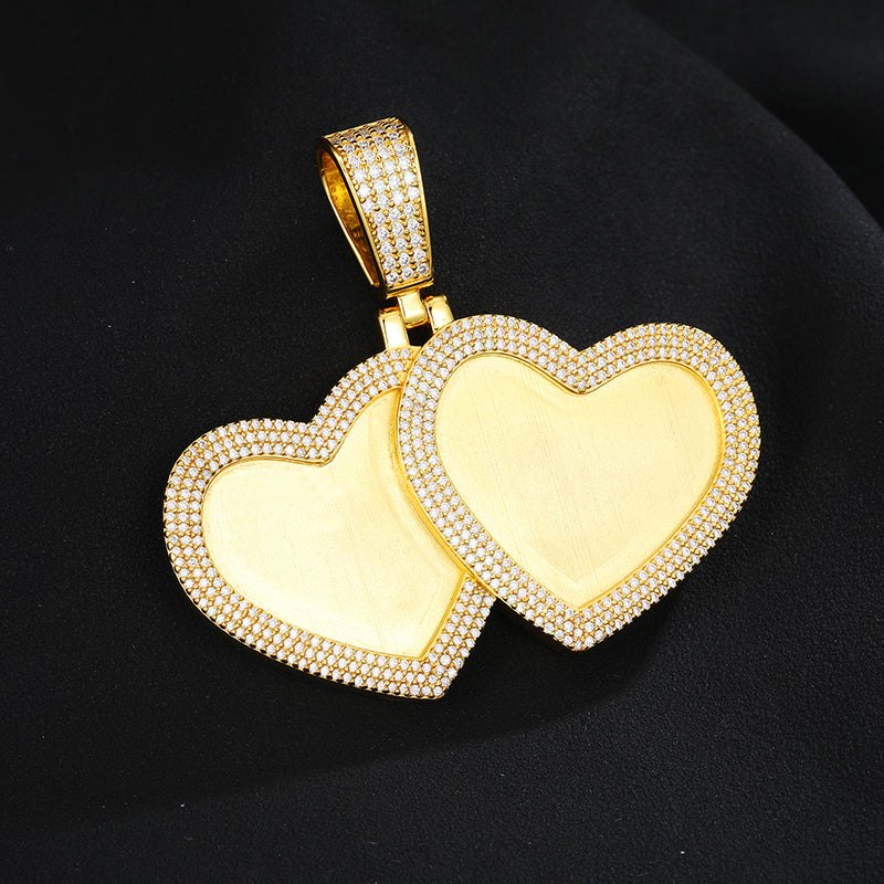 MOISSANITE DIAMOND DOUBLE HEART CUSTOM PHOTO PENDANT IN STERLING SILVER - IVORY & EBONY