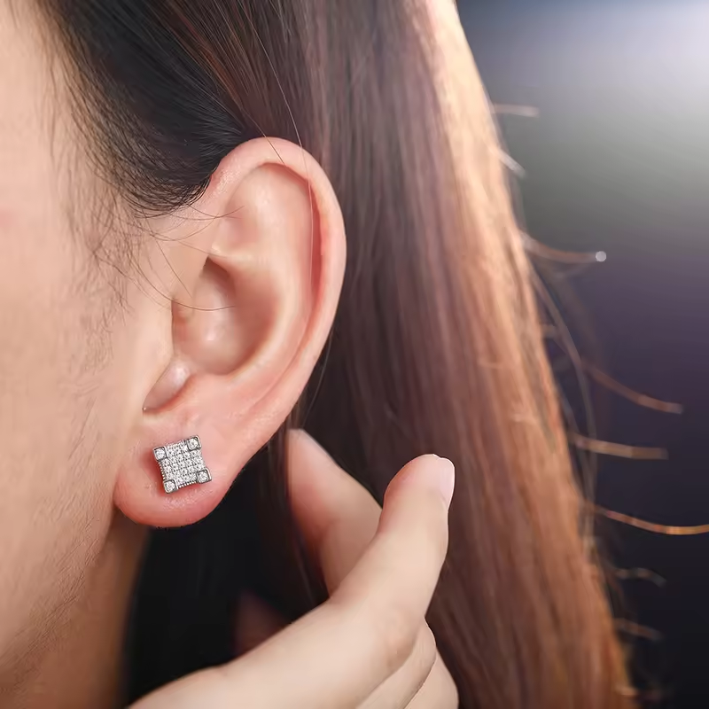 MOISSANITE GEOMETRIC SQUARE DIAMOND STUD EARRINGS IN STERLING SILVER - IVORY & EBONY
