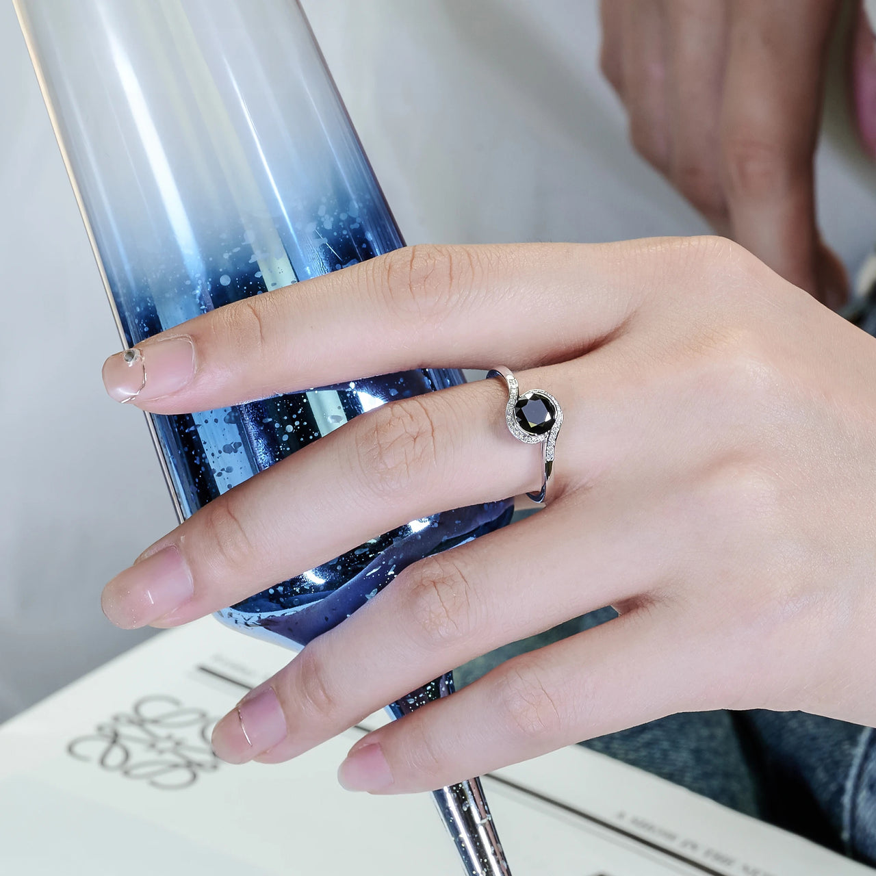 MOISSANITE NOIR HALO BAND RING IN SOLID GOLD