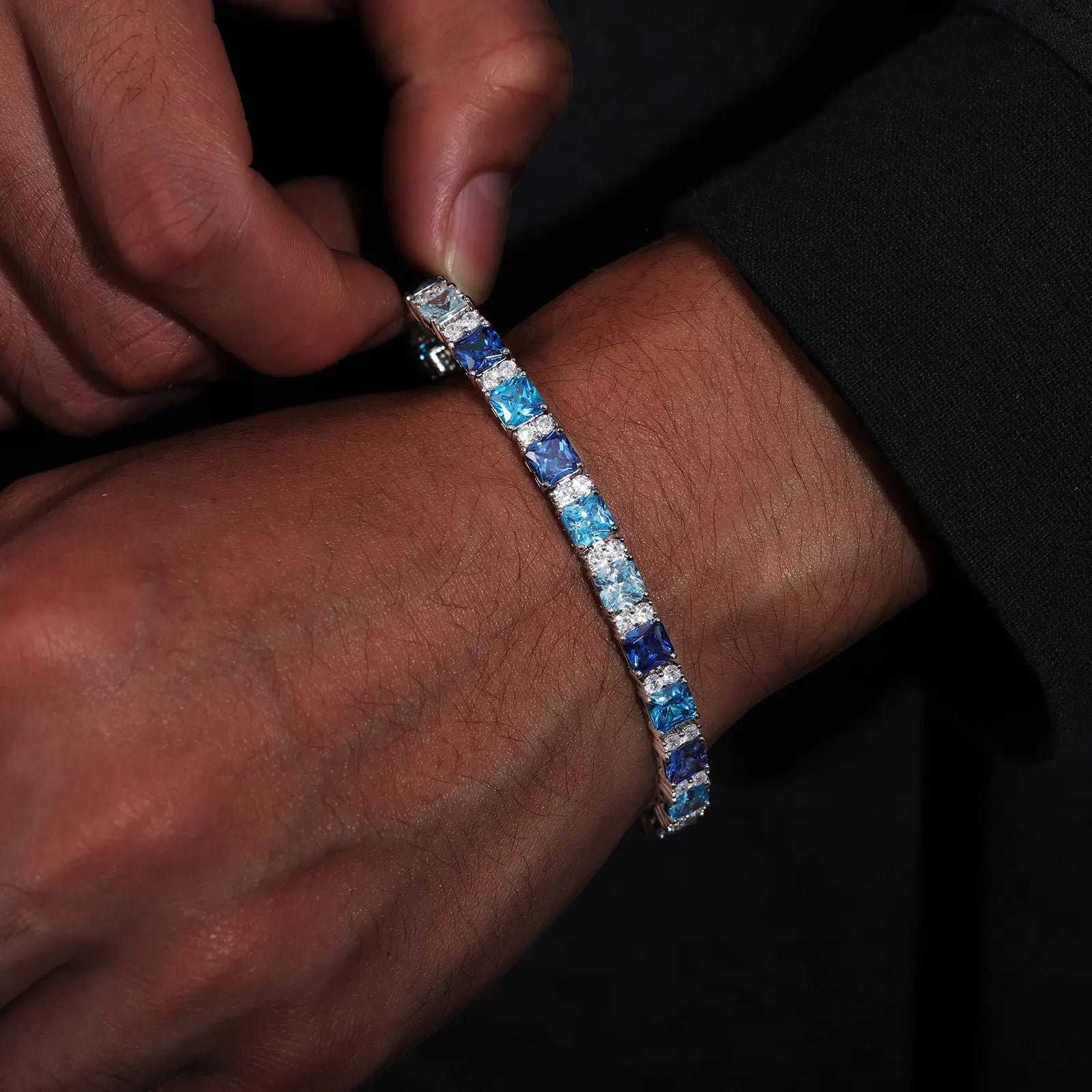 MOISSANITE DIAMOND AND BLUE PRINCESS CUT CZ CLUSTER TENNIS BRACELET IN STERLING SILVER - IVORY & EBONY
