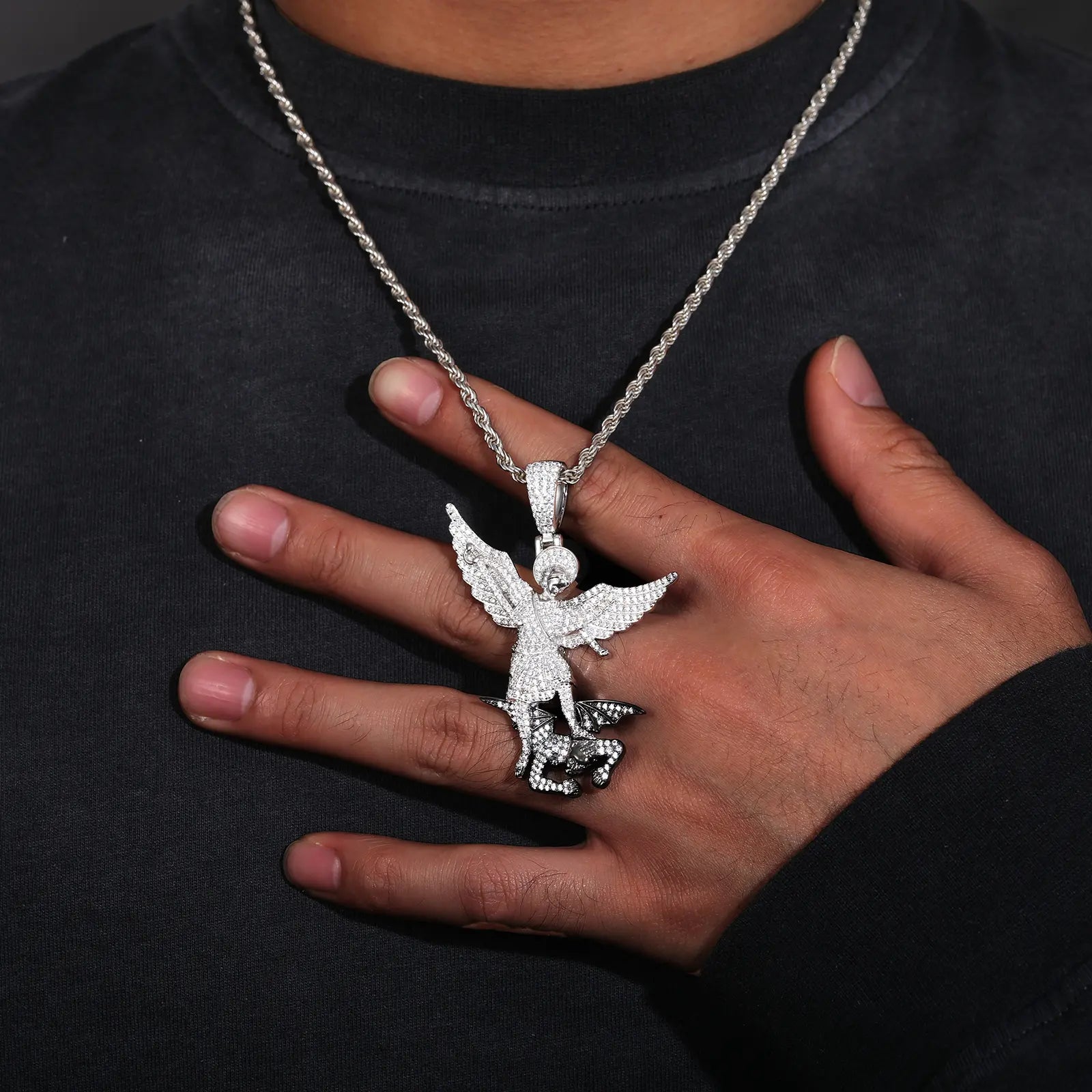 MOISSANITE DIAMOND ANGELS AND DEMONS PENDANT NECKLACE IN STERLING SILVER - IVORY & EBONY