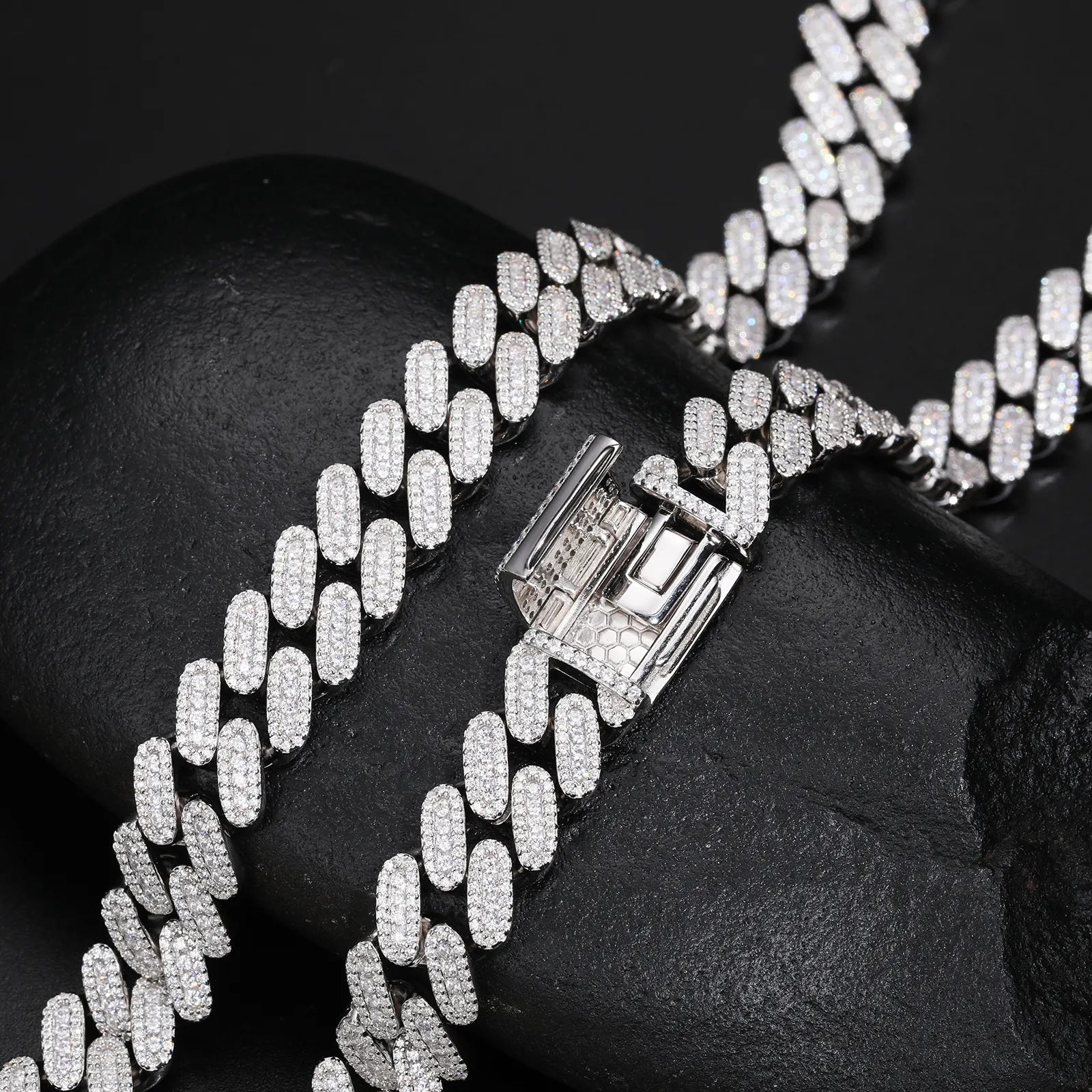MOISSANITE DIAMOND ICED OUT CUBAN LINK CHAIN NECKLACE OR BRACELET IN STERLING SILVER (STYLE 2) - IVORY & EBONY