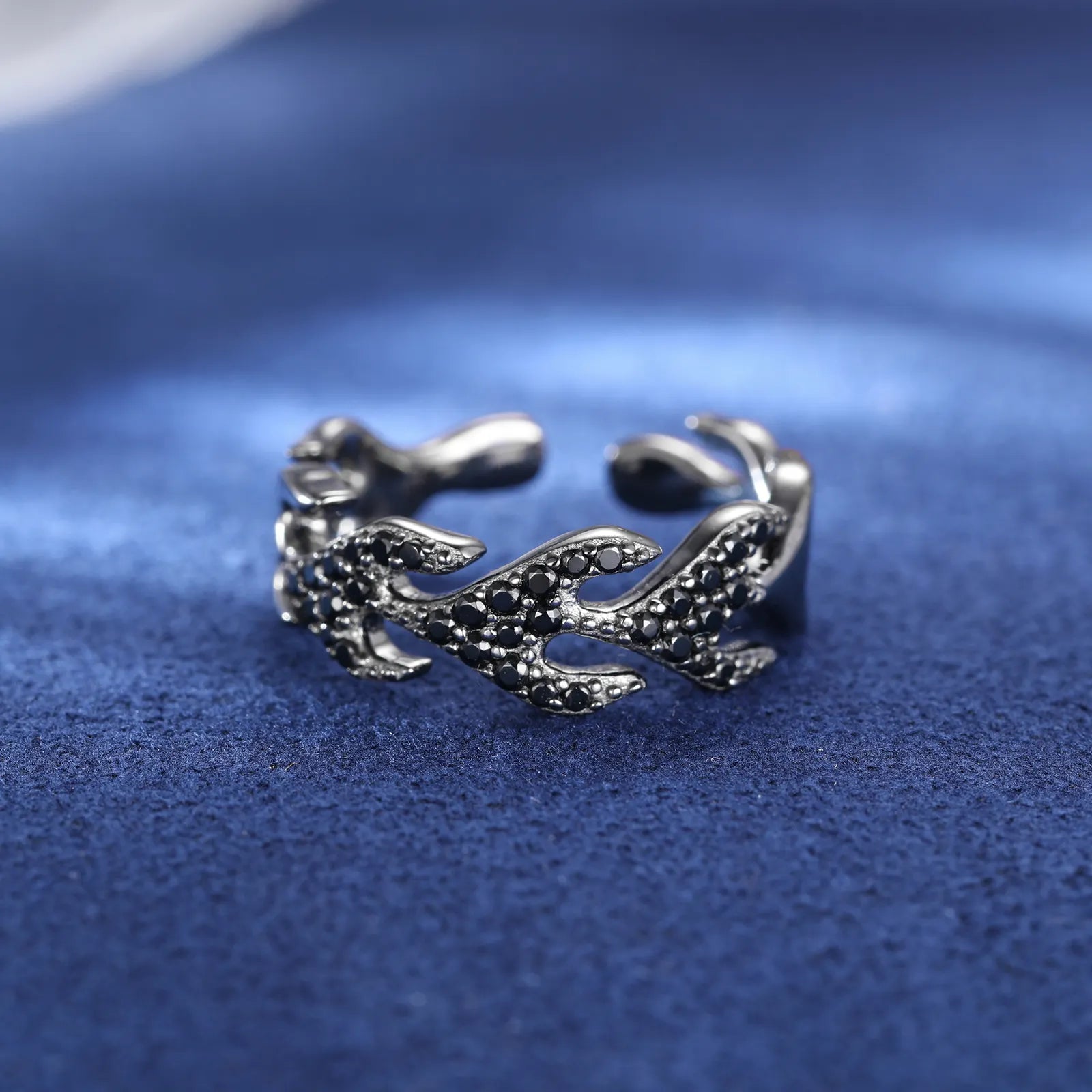 ADJUSTABLE MOISSANITE DIAMOND ICED OUT FLAME RING IN STERLING SILVER - IVORY & EBONY