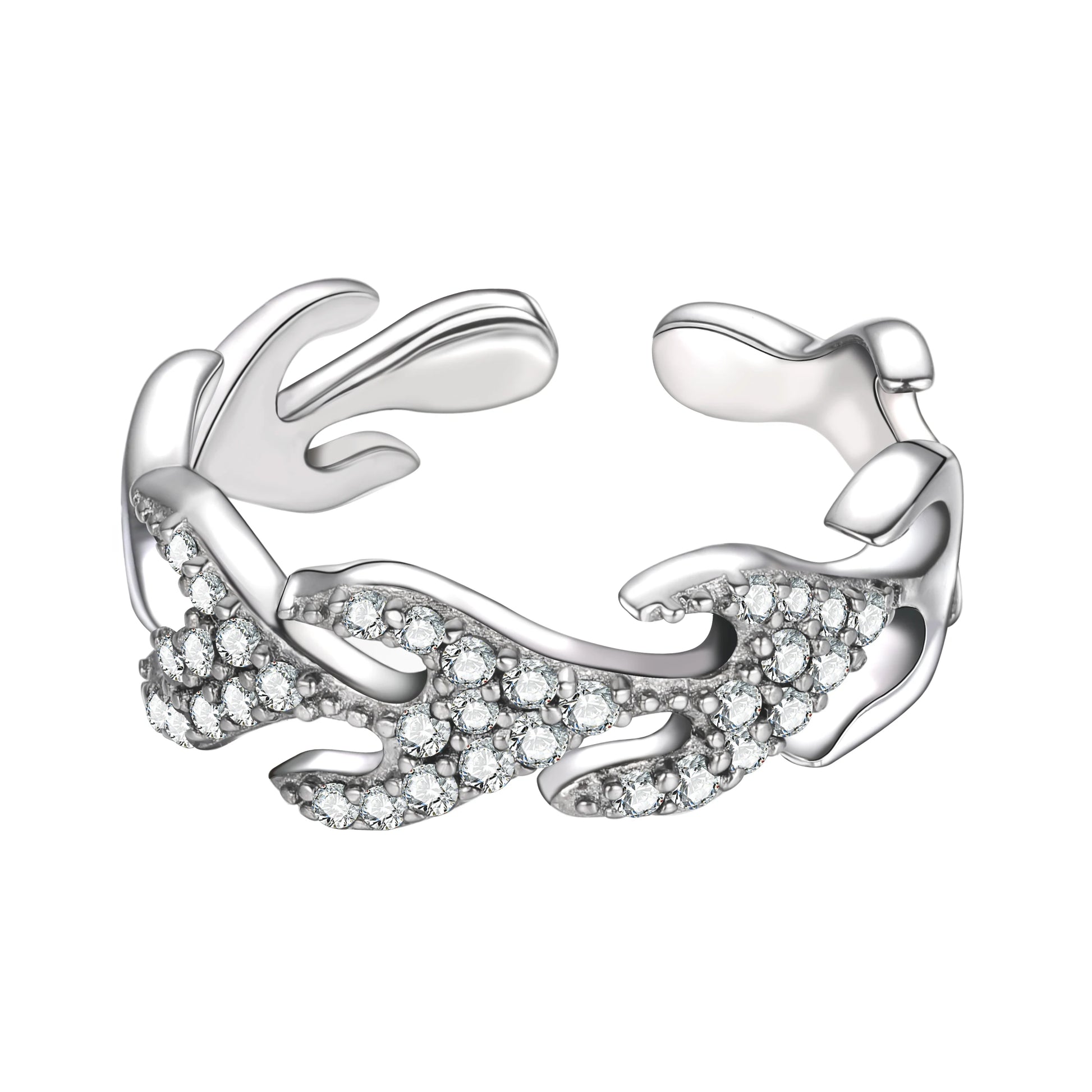 ADJUSTABLE MOISSANITE DIAMOND ICED OUT FLAME RING IN STERLING SILVER - IVORY & EBONY