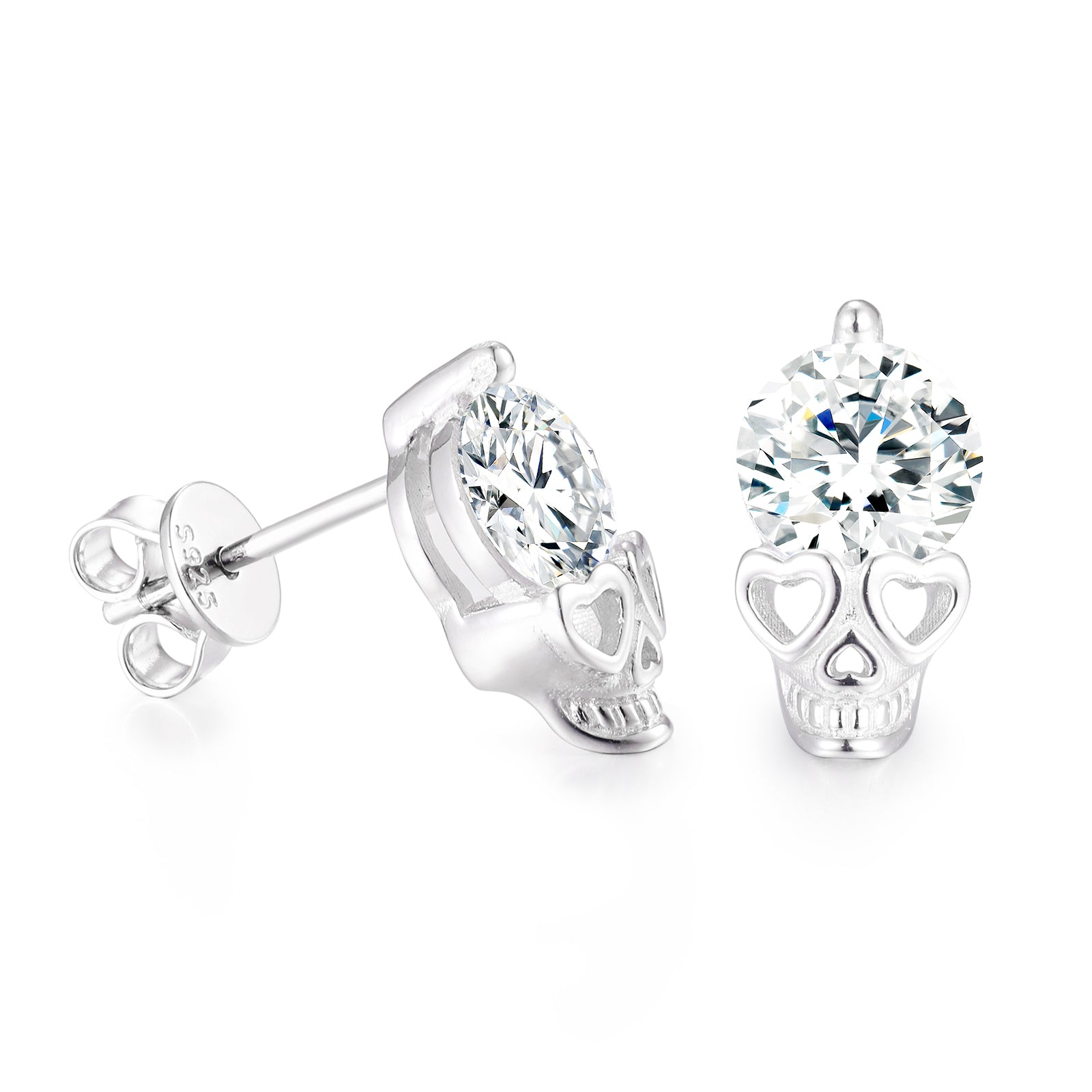 MOISSANITE DIAMOND LOVE HEART GHOST SKULL STUD EARRING IN STERLING SILVER - IVORY & EBONY