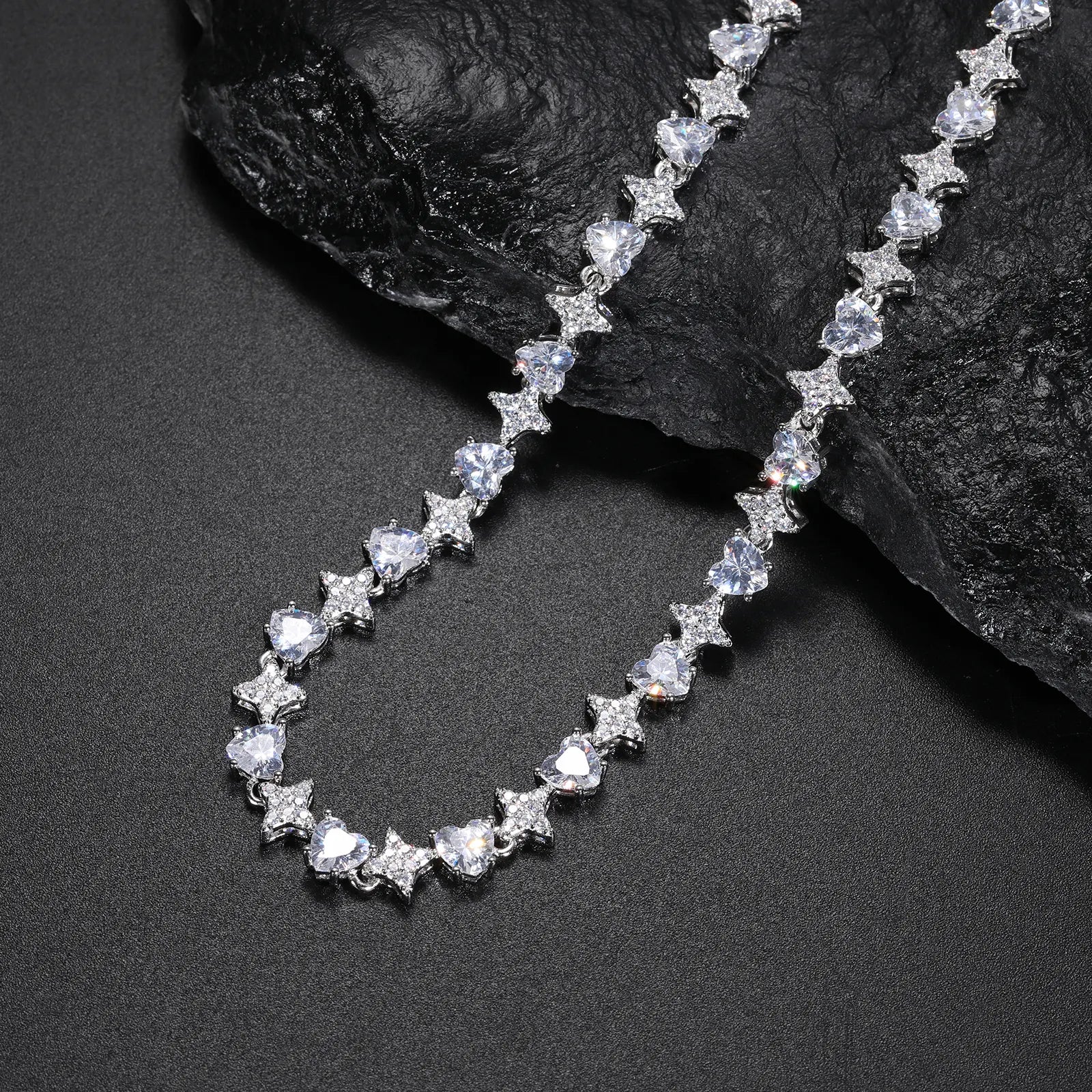 MOISSANITE HEARTS AND STARS TENNIS CHAIN NECKLACE IN STERLING SILVER - IVORY & EBONY