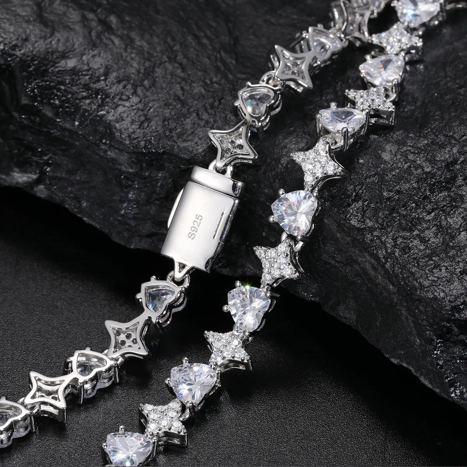 MOISSANITE HEARTS AND STARS TENNIS CHAIN NECKLACE IN STERLING SILVER - IVORY & EBONY