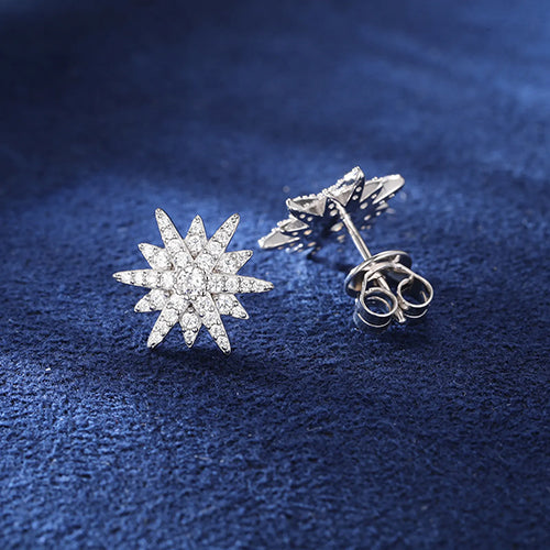 MOISSANITE TWELVE RAYS STAR STUD EARRINGS IN STERLING SILVER - IVORY & EBONY