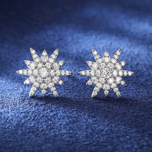 MOISSANITE TWELVE RAYS STAR STUD EARRINGS IN STERLING SILVER - IVORY & EBONY