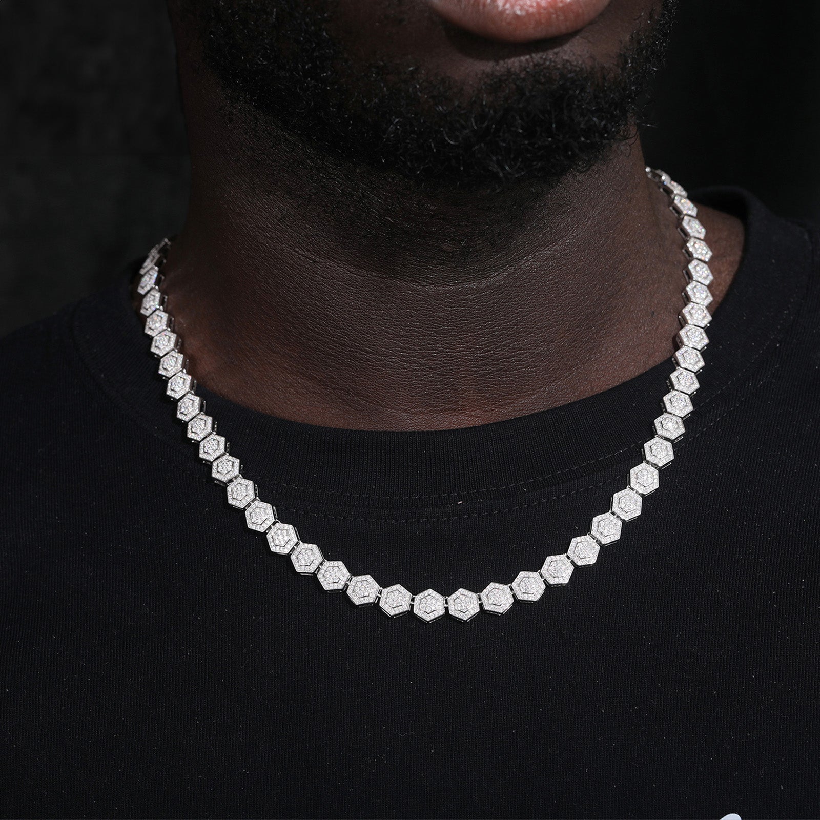MOISSANITE DIAMOND ICED OUT HEXAGON LINK CHAIN OR BRACELET IN STERLING SILVER - IVORY & EBONY