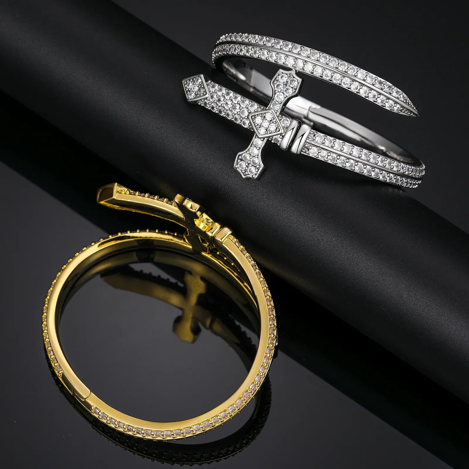 MOISSANITE SWORD CROSS BANGLE BRACELET IN STERLING SILVER - IVORY & EBONY