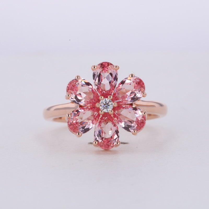 PEAR CUT LAB GROWN SAKURA PINK GEMSTONE FLOWER RING IN 10K ROSE GOLD
