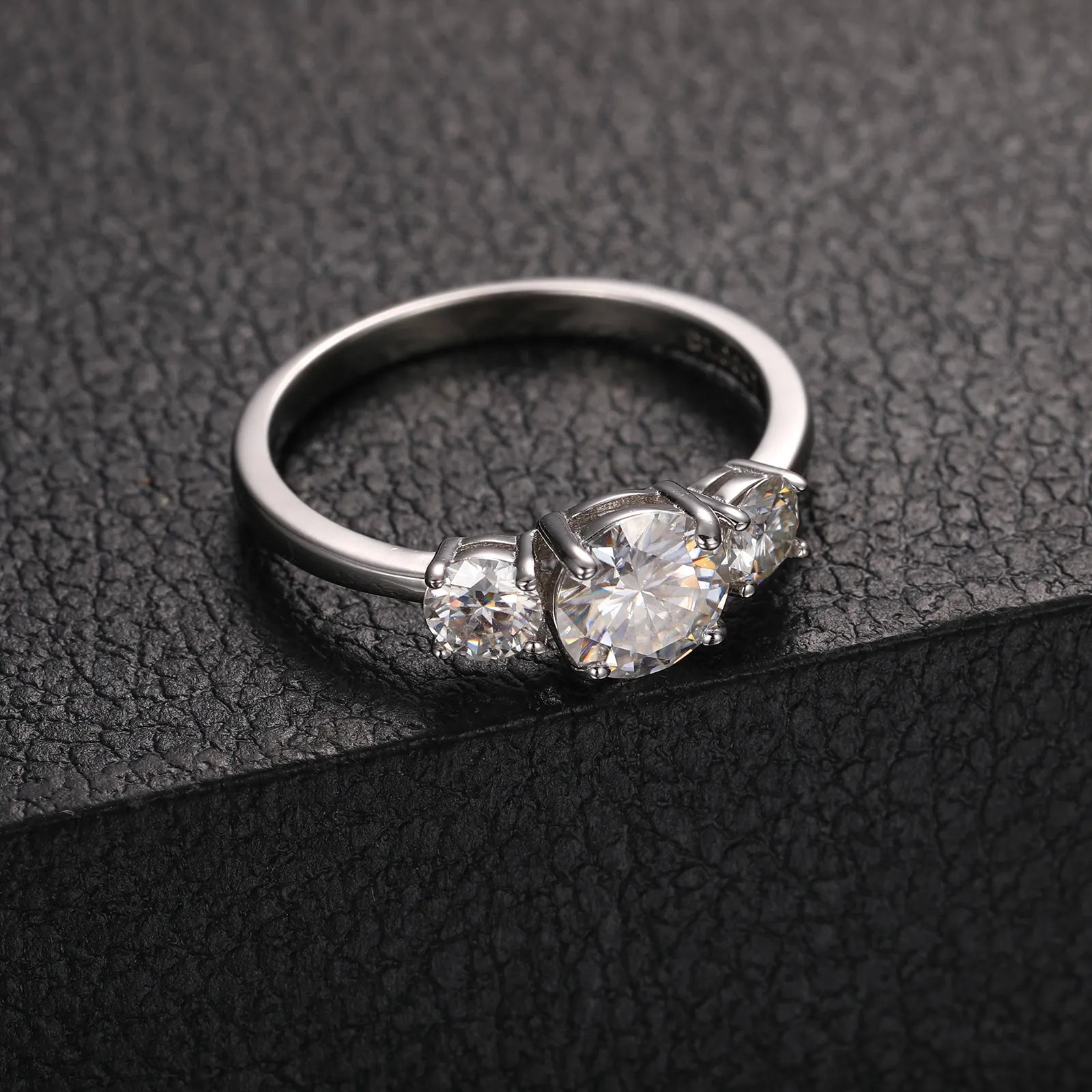 THREE STONE MOISSANITE DIAMOND RING FOR WOMEN IN STERLING SILVER - IVORY & EBONY