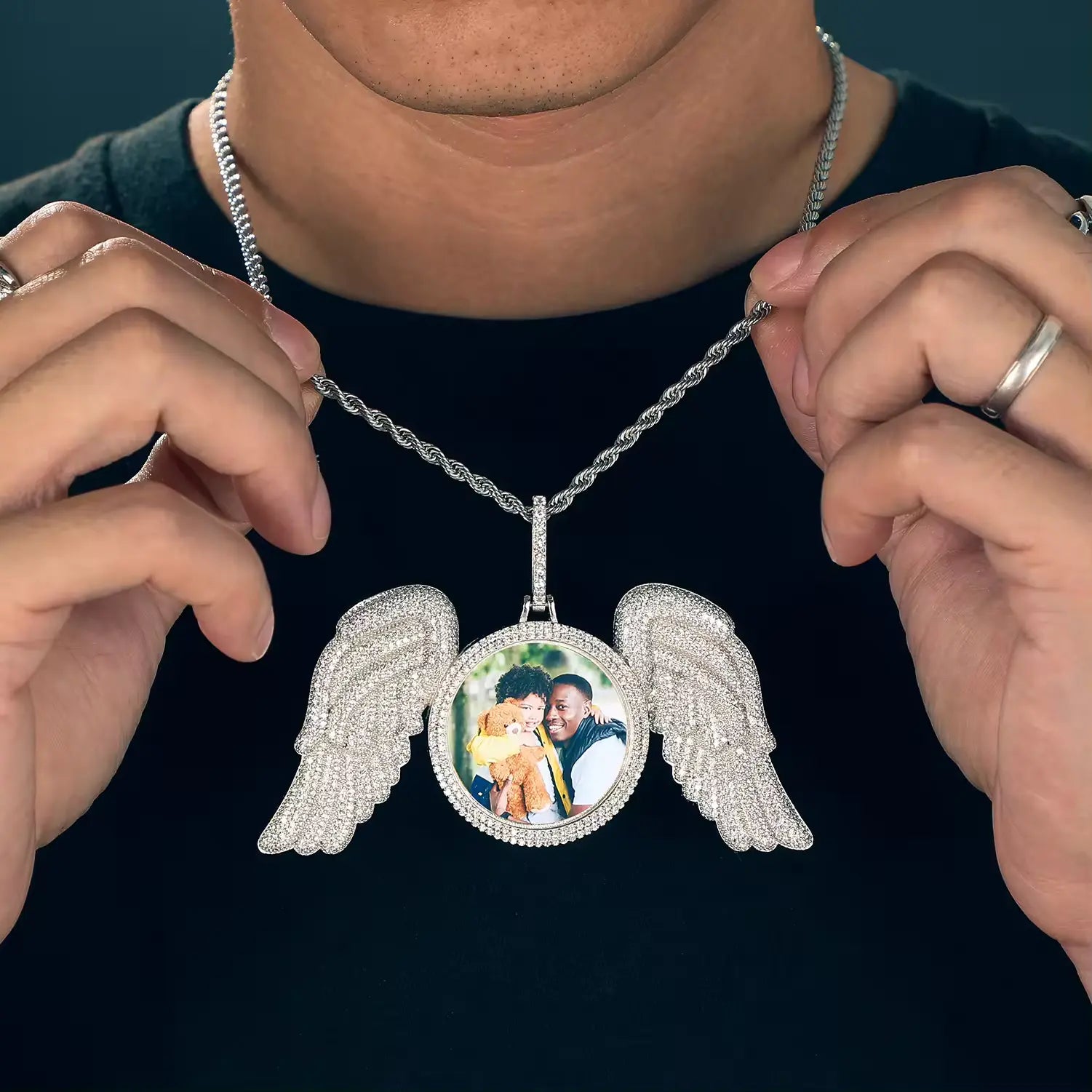 WINGS MOISSANITE PHOTO PENDANT IN STERLING SILVER - IVORY & EBONY