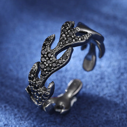 ADJUSTABLE MOISSANITE DIAMOND ICED OUT FLAME RING IN STERLING SILVER - IVORY & EBONY