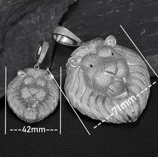 MICRO PAVED MOISSANITE DIAMOND ICED OUT LION HEAD PENDANT IN STERLING SILVER - IVORY & EBONY