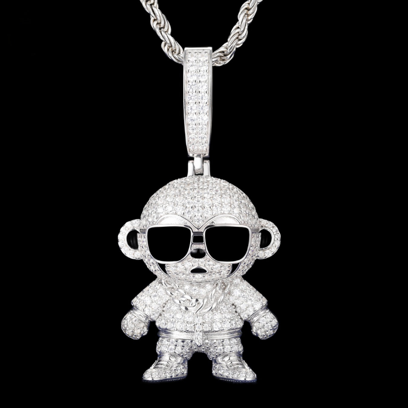 MICRO PAVED MOISSANITE DIAMOND MONKEY PENDANT IN STERLING SILVER - IVORY & EBONY
