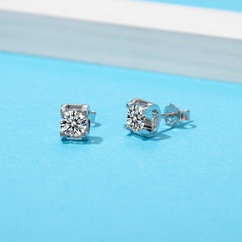 0.5CT SQUARE ENCASED ROUND MOISSANITE STUD EARRINGS IN STERLING SILVER