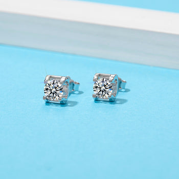 0.5CT SQUARE ENCASED ROUND MOISSANITE STUD EARRINGS IN STERLING SILVER