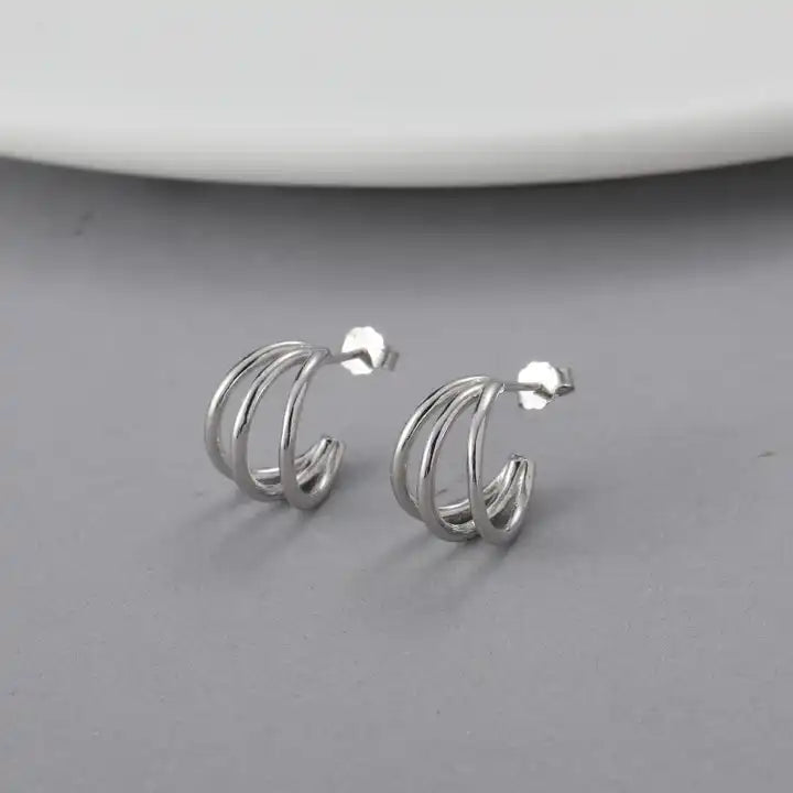 IVORY & EBONY Sterling Silver Tri-Loop Earrings: Timeless Elegance for Any Occasion