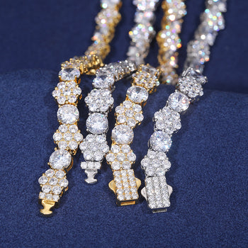 10MM ROUND CUT MOISSANITE FLOWER CLUSTER LINK CHAIN BRACELET IN STERLING SILVER