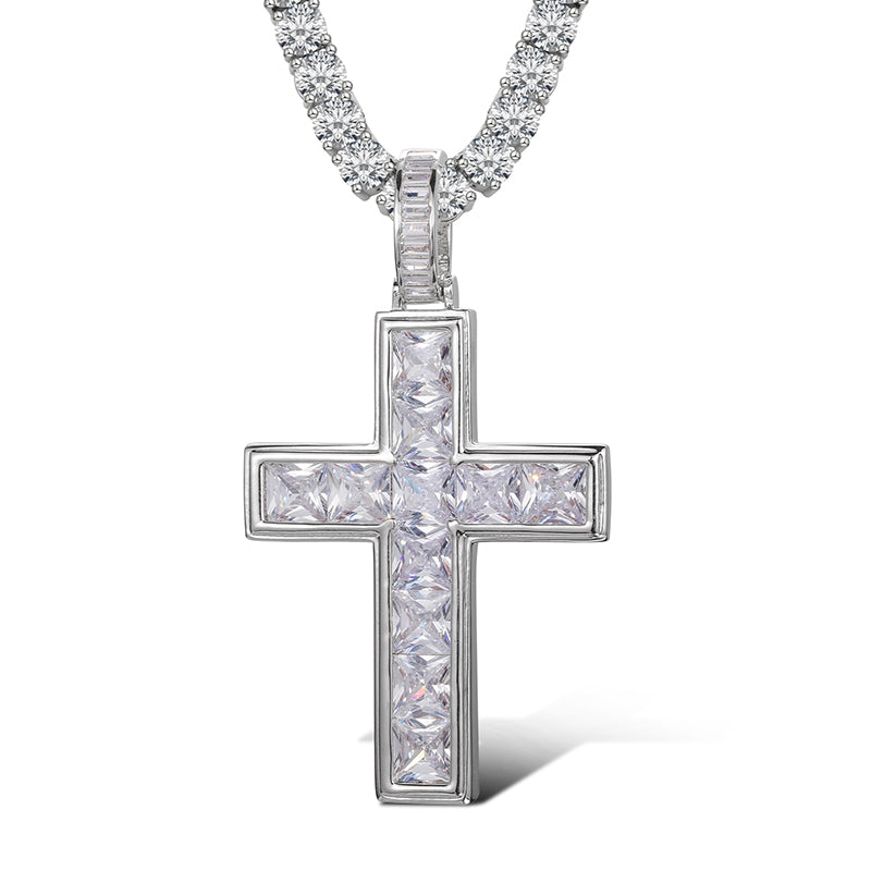 MOISSANITE ICED OUT CROSS PENDANT IN STERLING SILVER