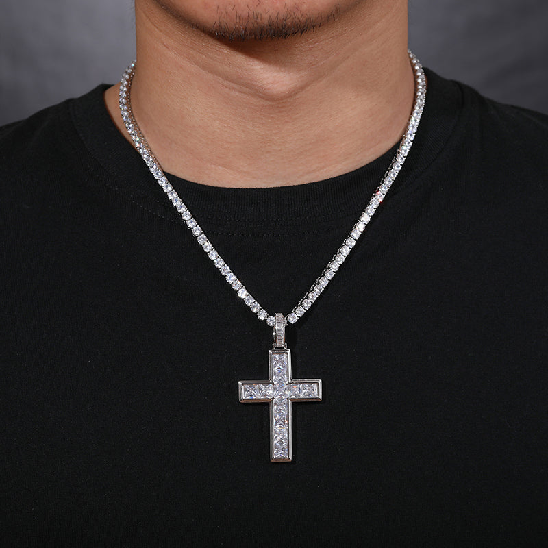 MOISSANITE ICED OUT CROSS PENDANT IN STERLING SILVER