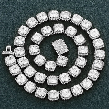11MM CUSHION CUT MOISSANITE DIAMOND TENNIS CHAIN NECKLACE OR BRACELET IN STERLING SILVER - IVORY & EBONY