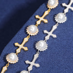 12MM MOISSANITE CROSS PEARL BRACELET IN STERLING SILVER