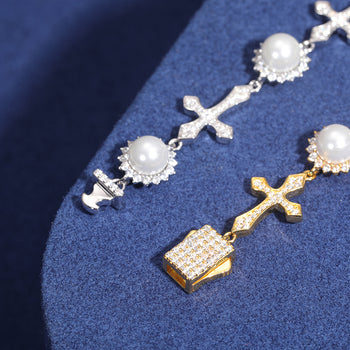 Bracelet en argent sterling orné de perles et de moissanites en forme de croix de 12 mm