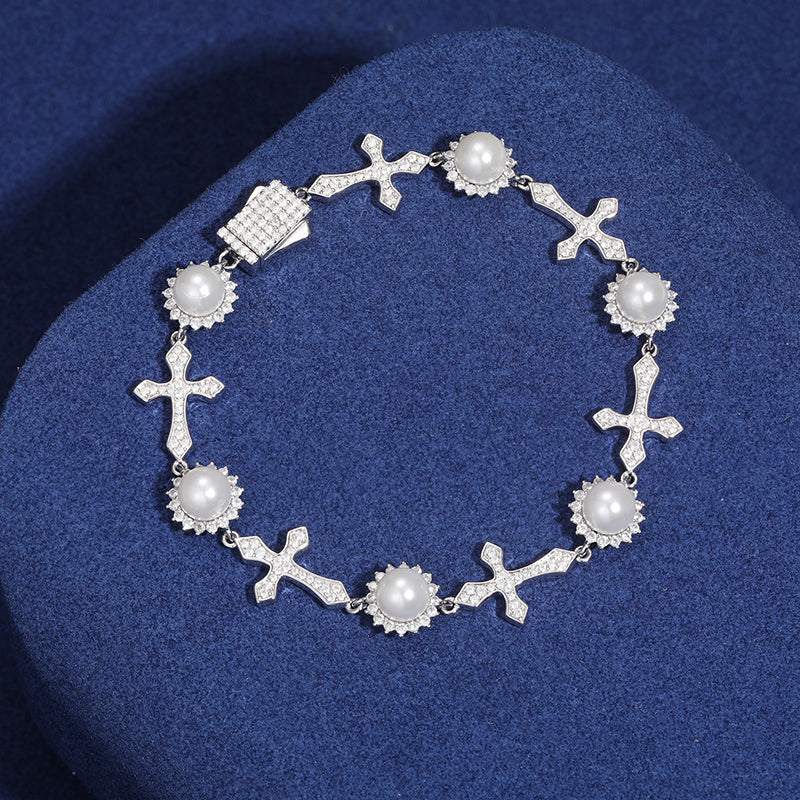 12MM MOISSANITE CROSS PEARL BRACELET IN STERLING SILVER