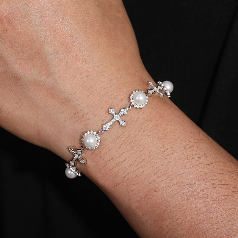 12MM MOISSANITE CROSS PEARL BRACELET IN STERLING SILVER