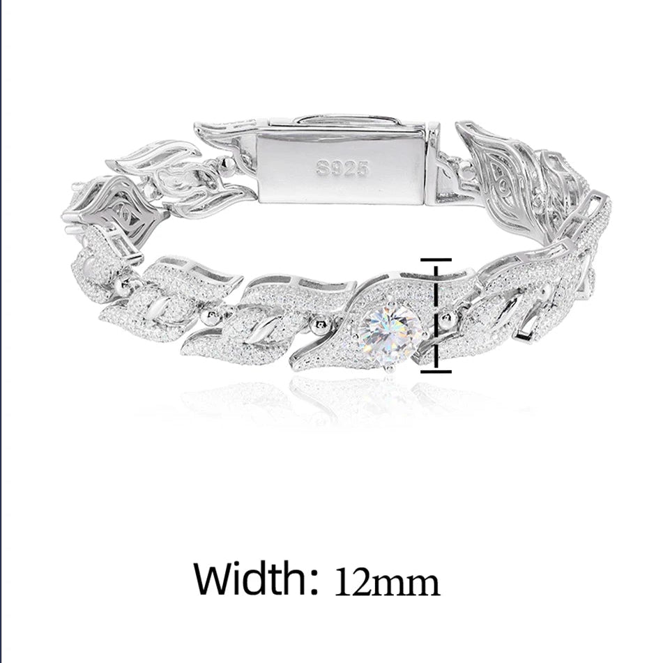 Jewelry product with specifications including moissanite, sterling silver, and GRA certificate on a blue background.