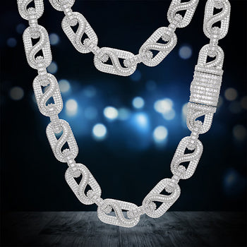 14MM BAGUETTE MOISSANITE BUSSDOWN CUBAN LINK CHAIN NECKLACE/BRACELET IN STERLING SILVER