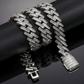 14MM MOISSANITE BAGUETTE CUBAN LINK NECKLACE/BRACELET IN STERLING SILVER
