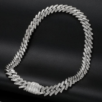 14MM MOISSANITE BAGUETTE CUBAN LINK NECKLACE/BRACELET IN STERLING SILVER