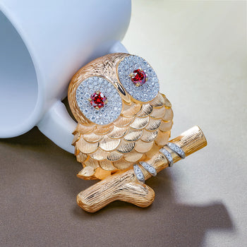 18K GOLD PLATED MOISSANITE CRIMSON GAZE OWL BROOCH IN STERLING SILVER