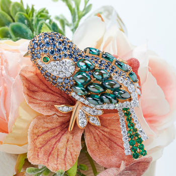 18K GOLD PLATED MAJESTIC MEADOW BIRD BROOCH IN STERLING SILVER