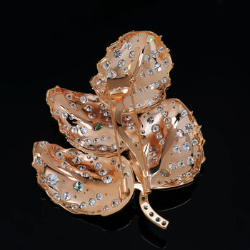 18K GOLD PLATED MOISSANITE AURORA LEAF ELEGANCE BROOCH IN STERLING SILVER