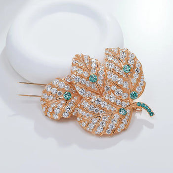 18K GOLD PLATED MOISSANITE AURORA LEAF ELEGANCE BROOCH IN STERLING SILVER