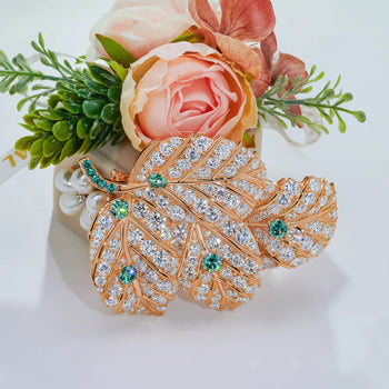 18K GOLD PLATED MOISSANITE AURORA LEAF ELEGANCE BROOCH IN STERLING SILVER
