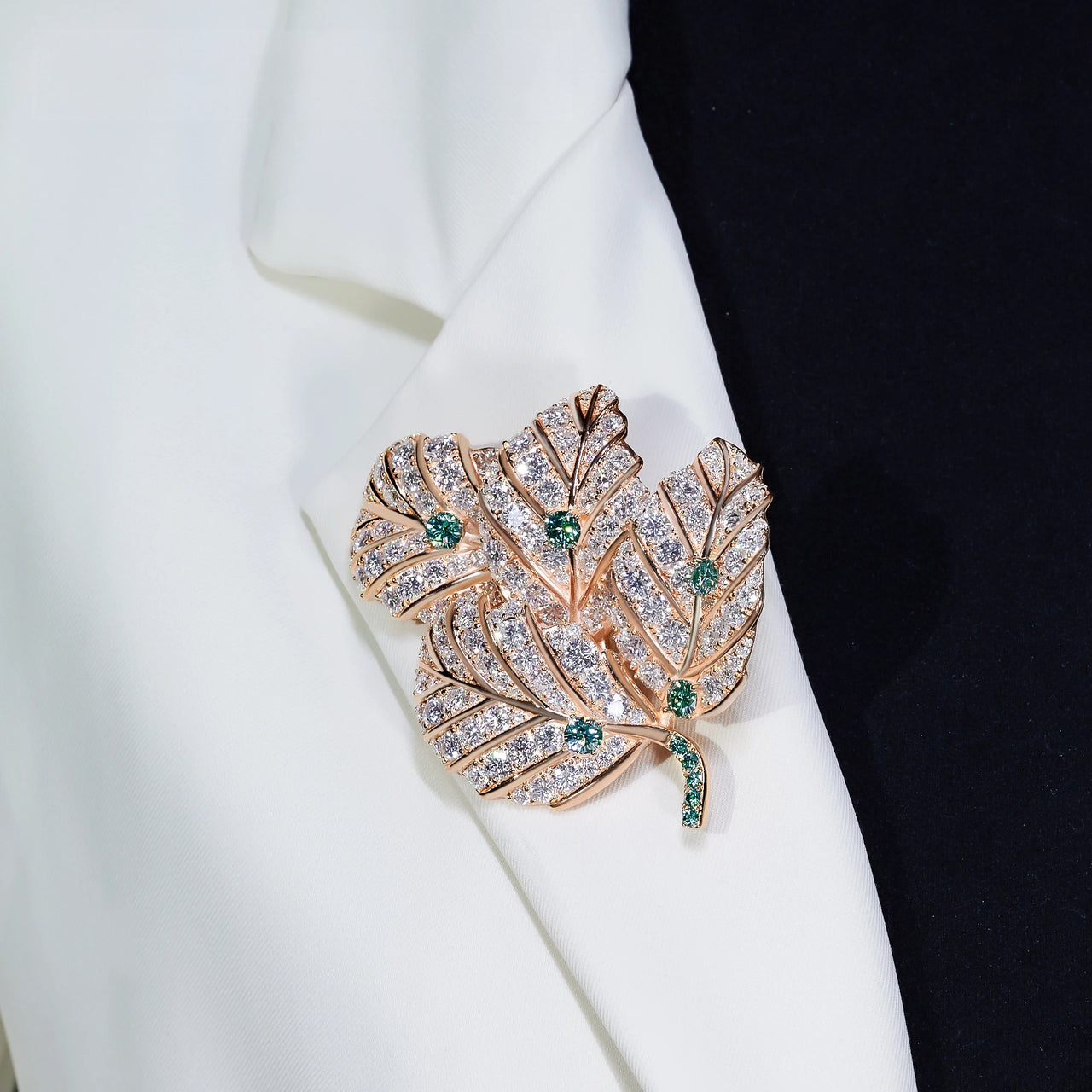 18K GOLD PLATED MOISSANITE AURORA LEAF ELEGANCE BROOCH IN STERLING SILVER