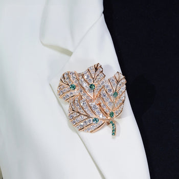 18K GOLD PLATED MOISSANITE AURORA LEAF ELEGANCE BROOCH IN STERLING SILVER